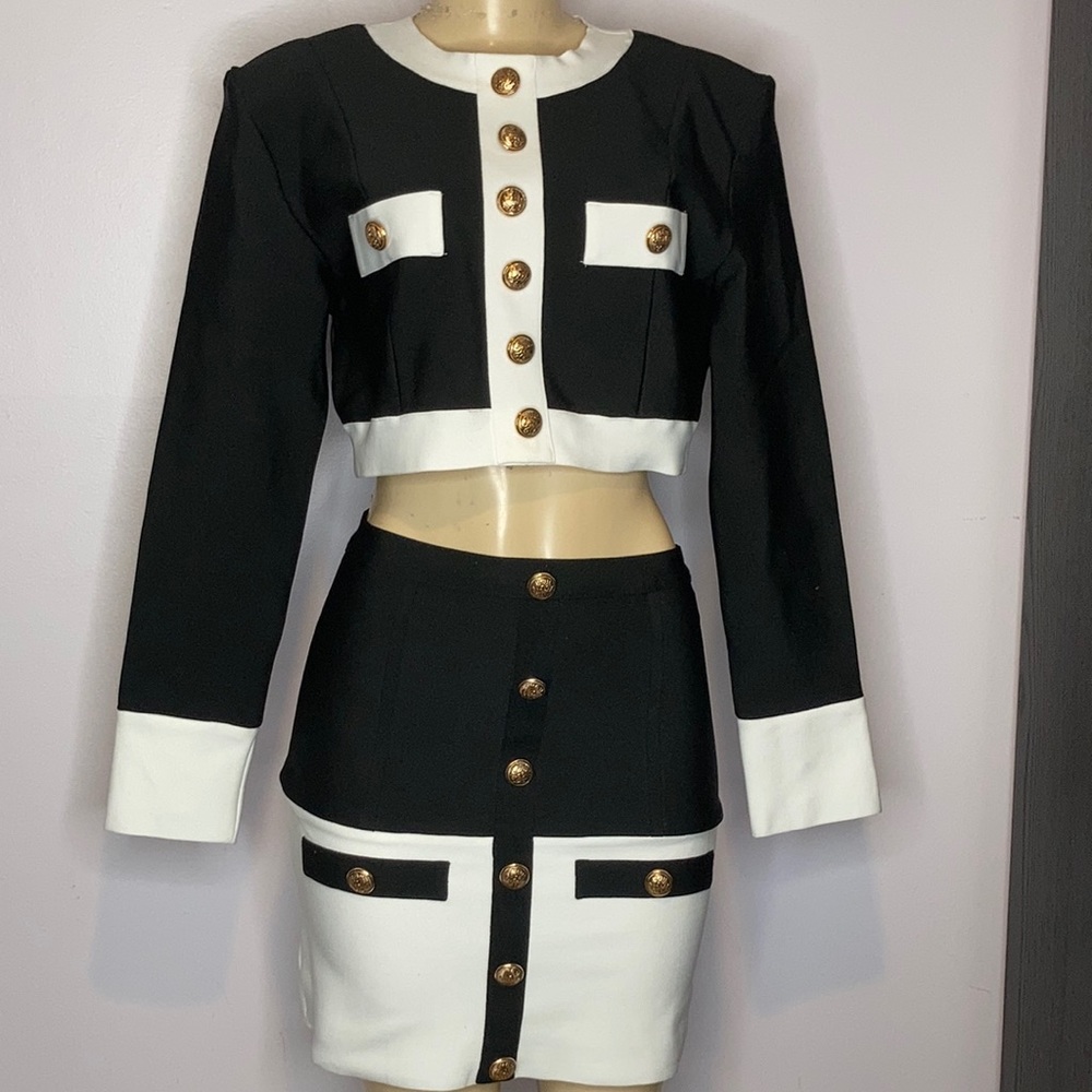 Long sleeve black and white two piece dress